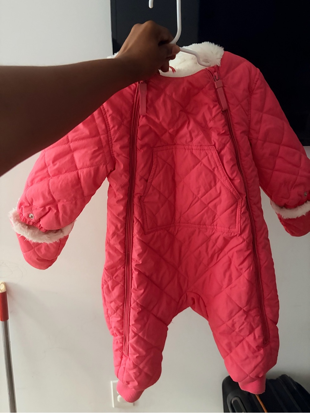 Infant Quilted Puffer One-Piece in Coral Pink with Faux-Fur Trim